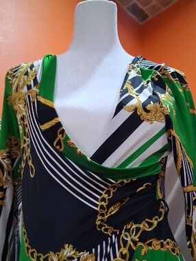 Green & Black Chain-Print Wrap Jumpsuit